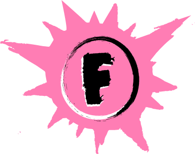 A pink logo resembling an explosion with a black F in a rough font in the middle